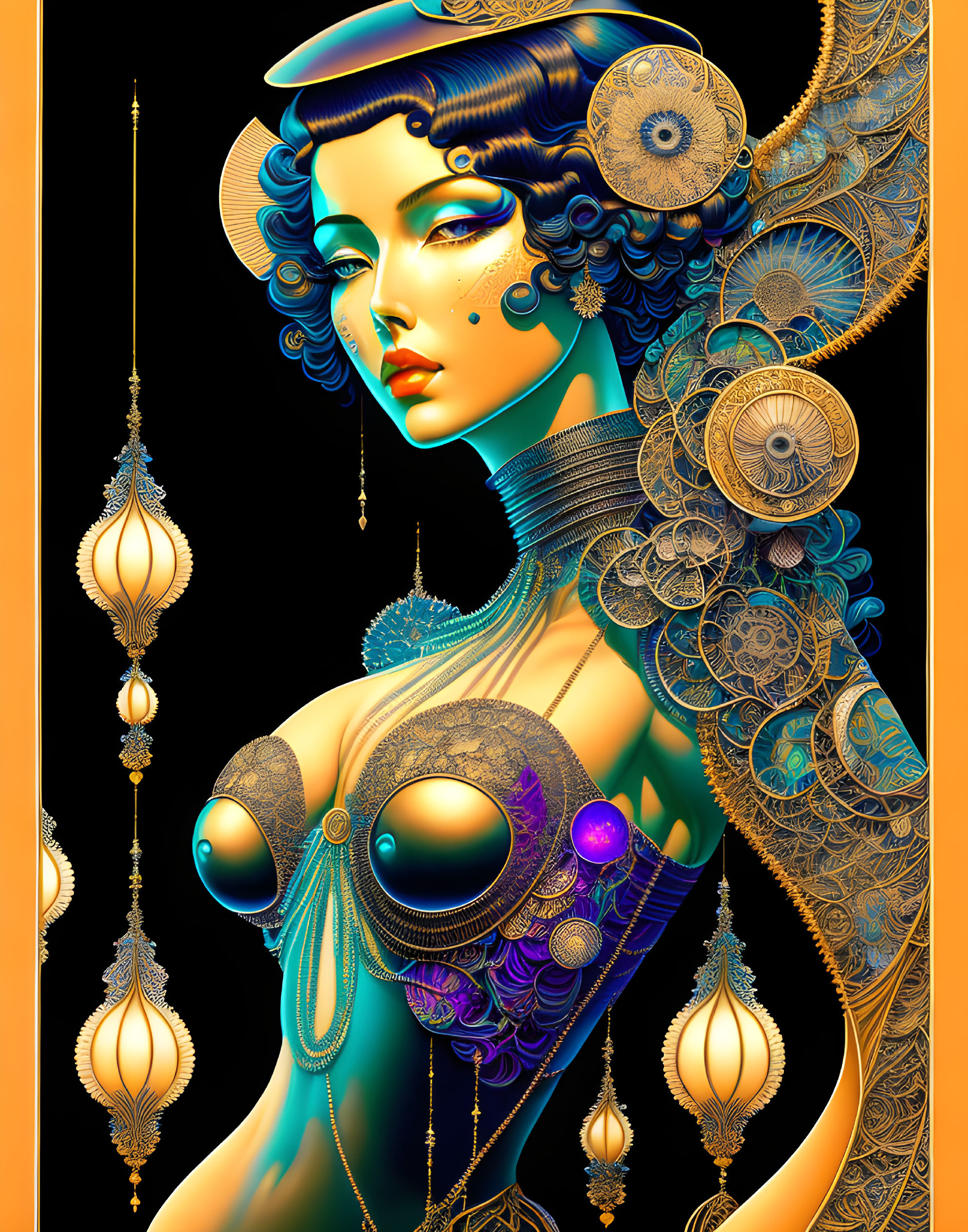 Stylized digital artwork: Woman with blue skin, gold headgear, intricate jewelry, orange background