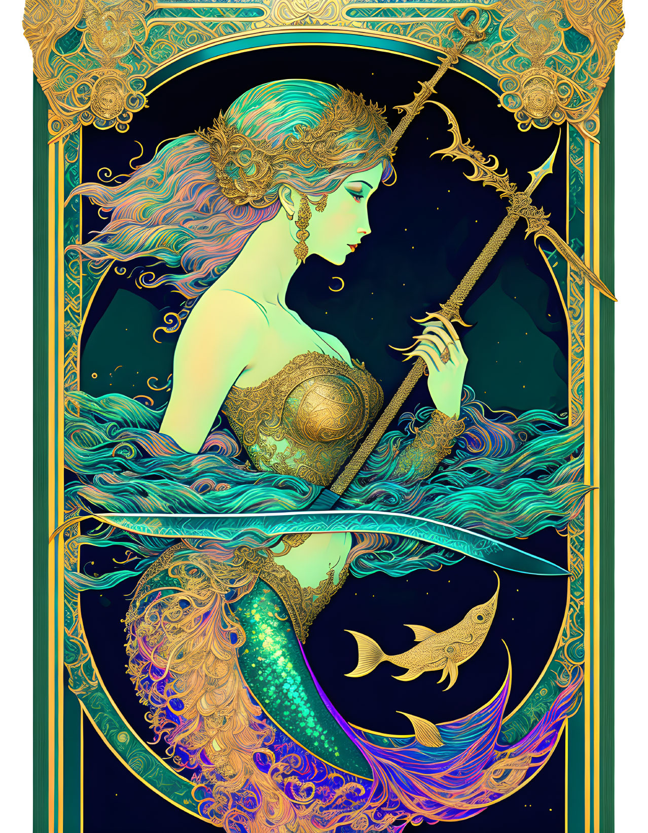 Mermaid with colorful hair and trident in Art Nouveau style