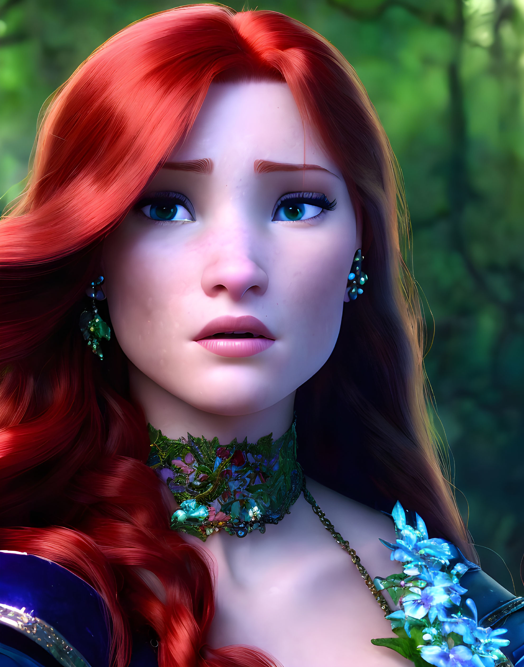 Rendered female character with long red hair and blue eyes in blue outfit against forest backdrop