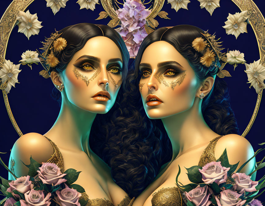 Symmetrical women with golden floral makeup and black hair on dark ornate backdrop