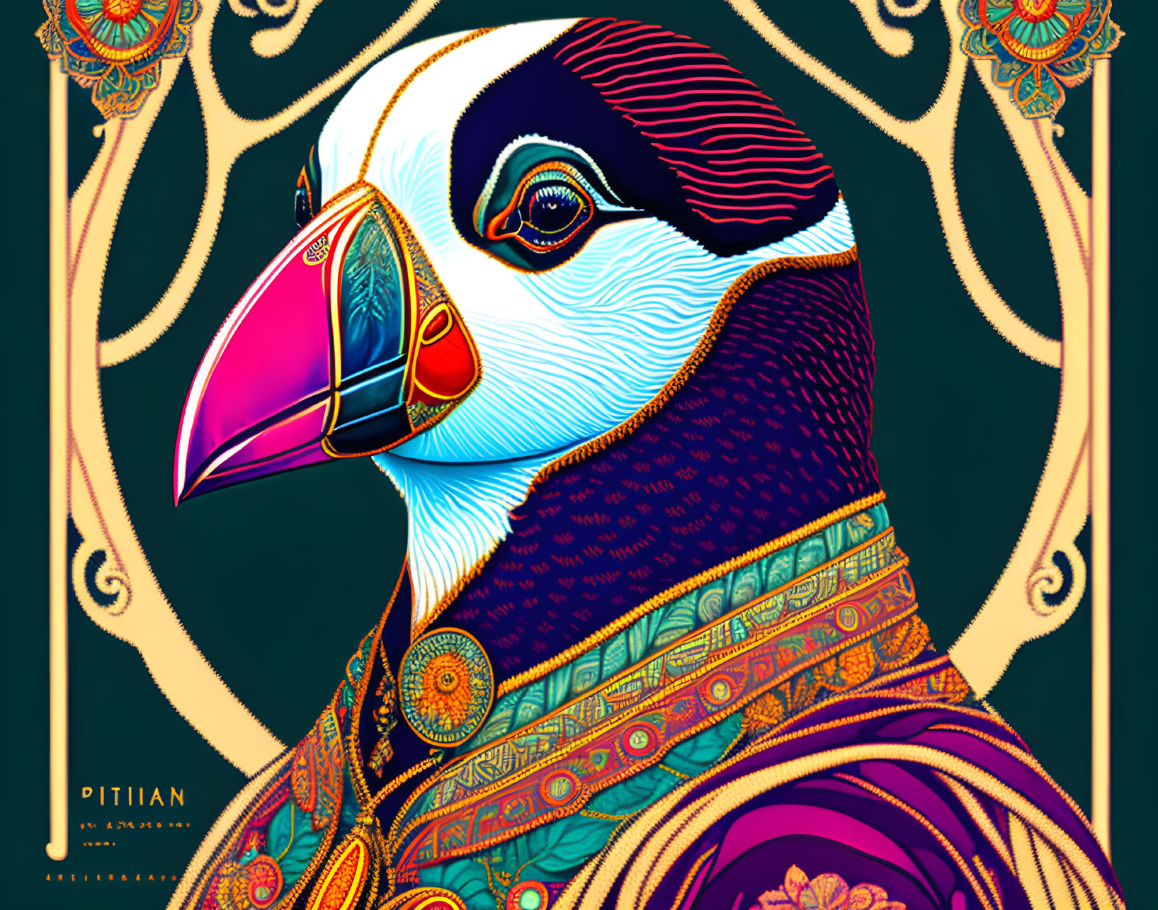 Vibrant bird illustration with intricate patterns and detailed feathers