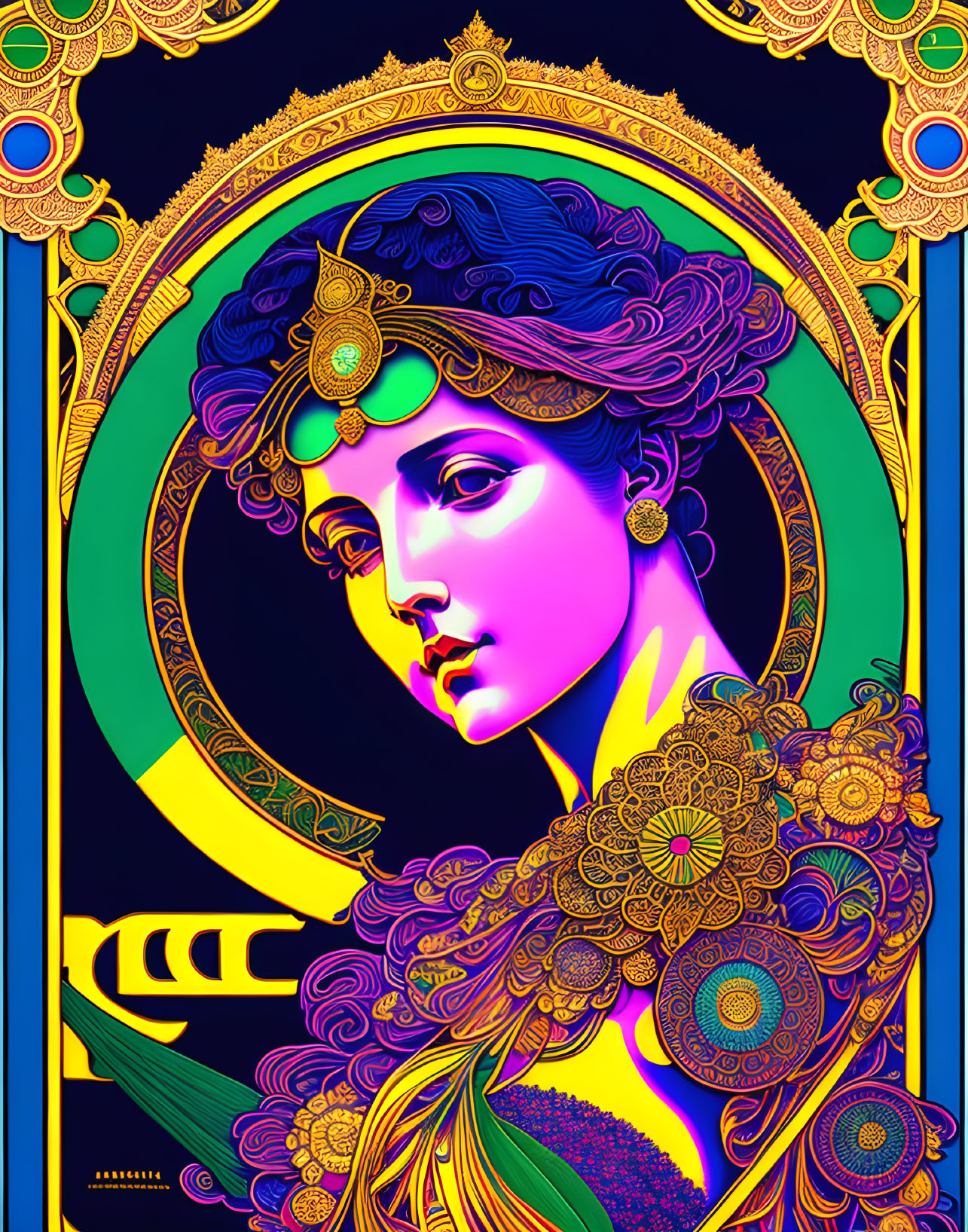 Colorful Art Nouveau Style Illustration of Woman with Elaborate Hair