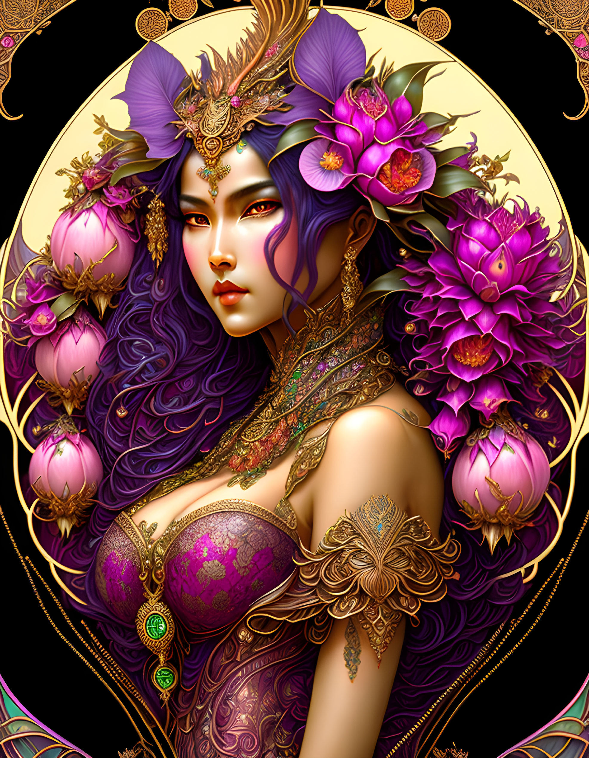 Fantasy female character with purple hair and skin, golden jewelry, pink flowers on black background