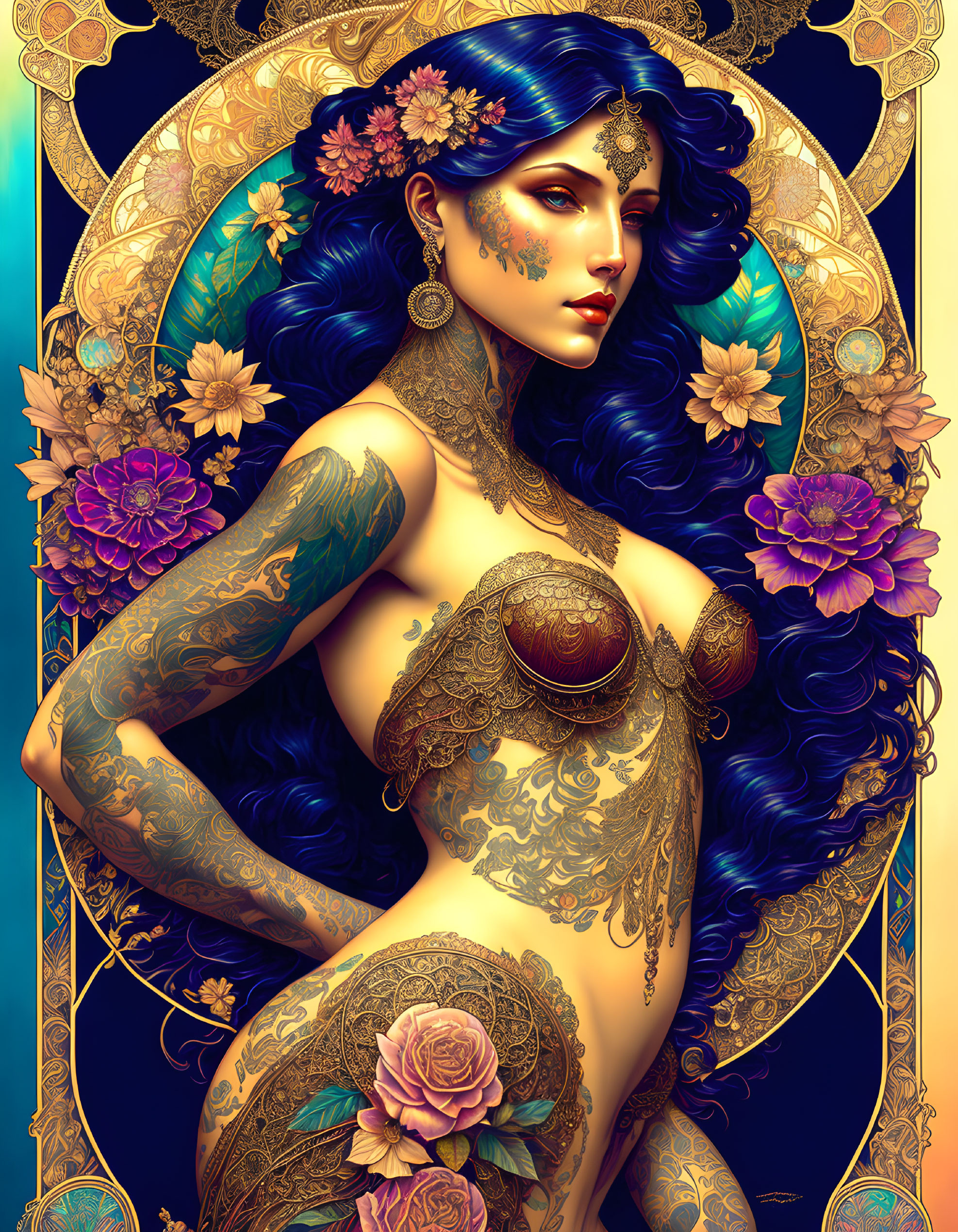 Blue-haired woman with gold tattoos in art nouveau setting