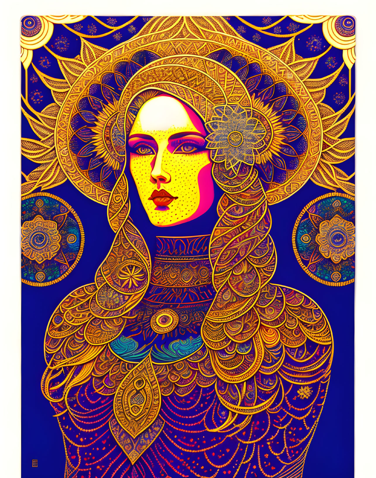 Intricate Woman Illustration with Blue and Gold Decorative Elements