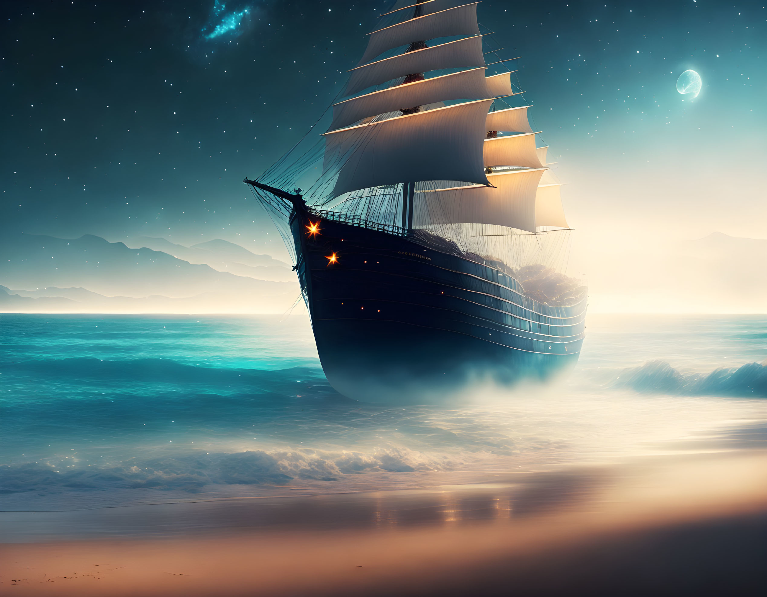 Sailing ship at twilight on serene sea with starry sky