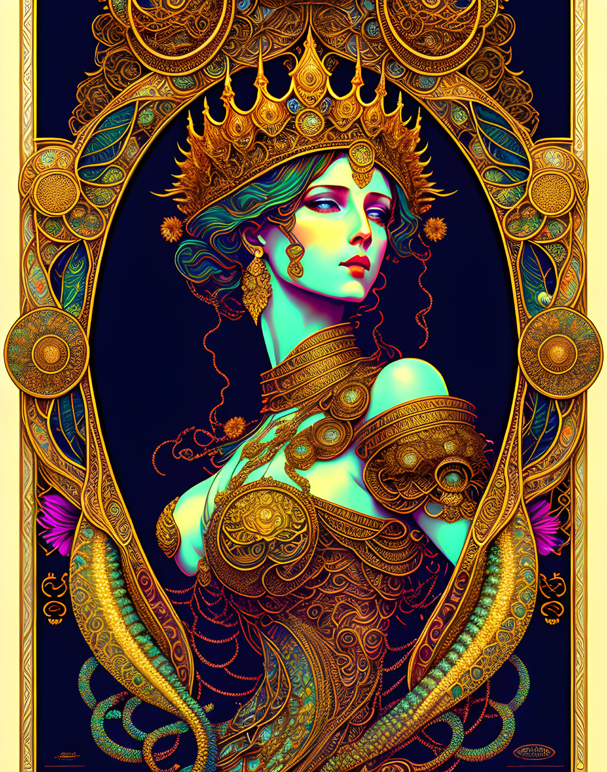 Intricate illustration of woman with gold jewelry and regal headdress