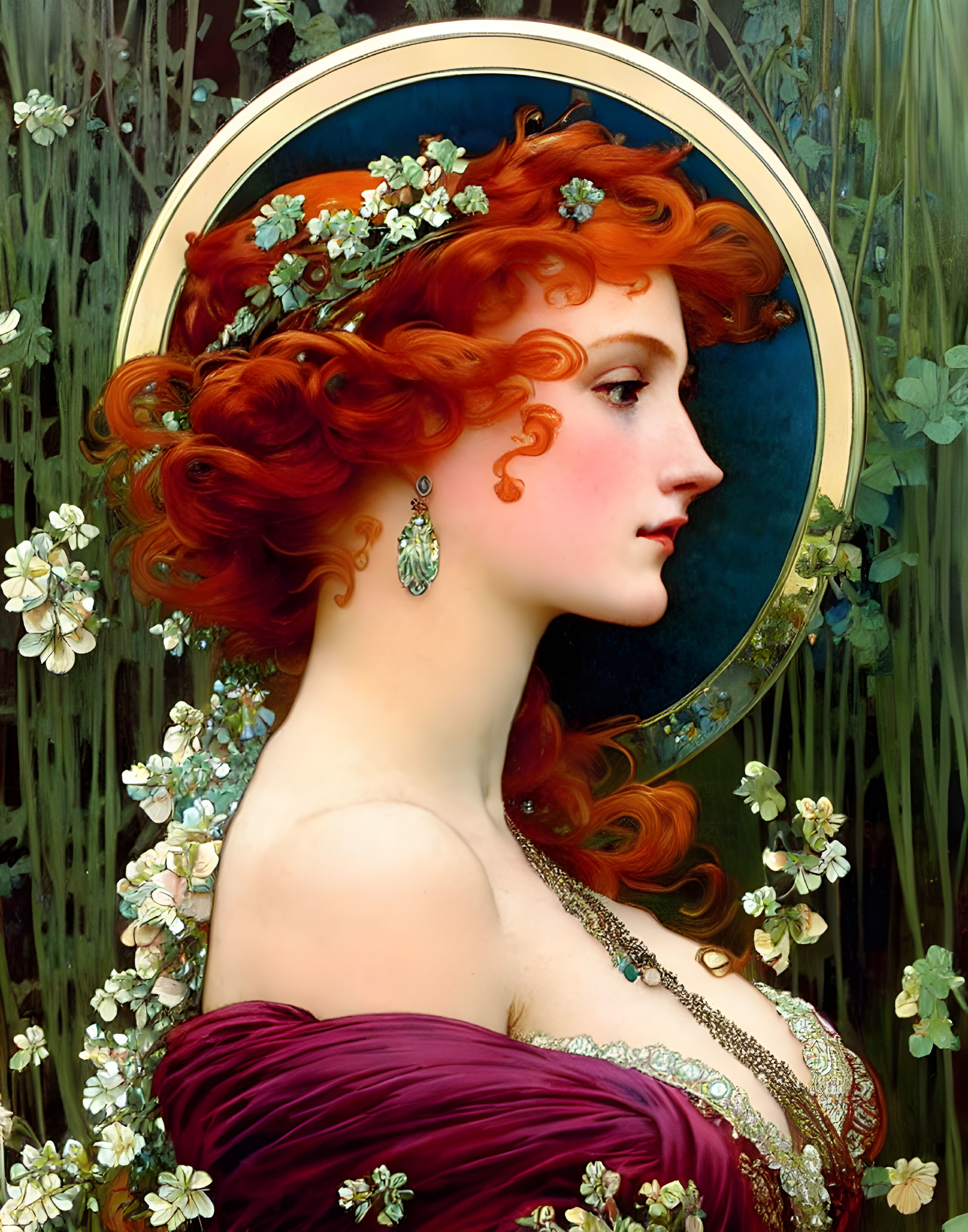 Auburn-Haired Woman with Art Nouveau Halo and Purple Garment