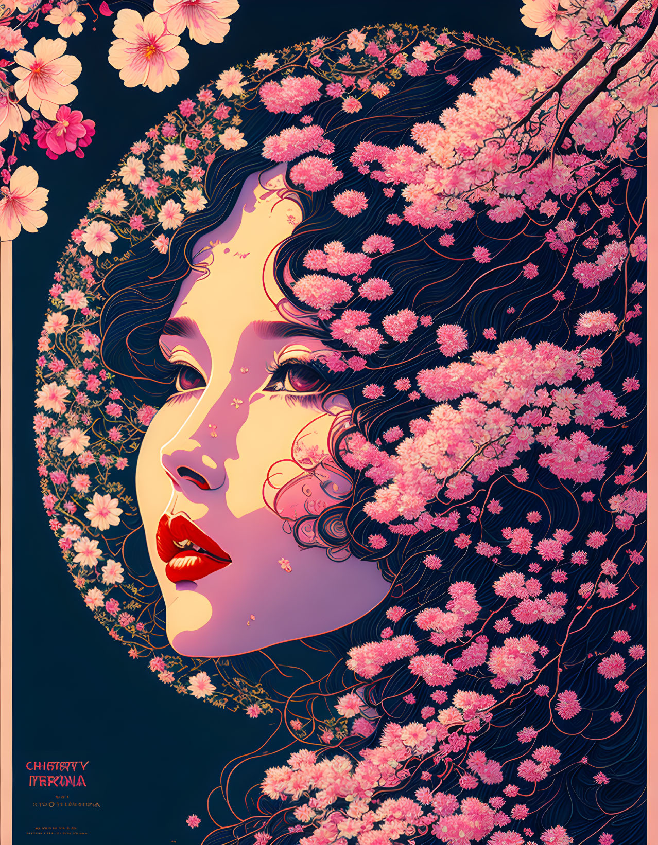 Woman's profile intertwined with cherry blossoms on deep blue background