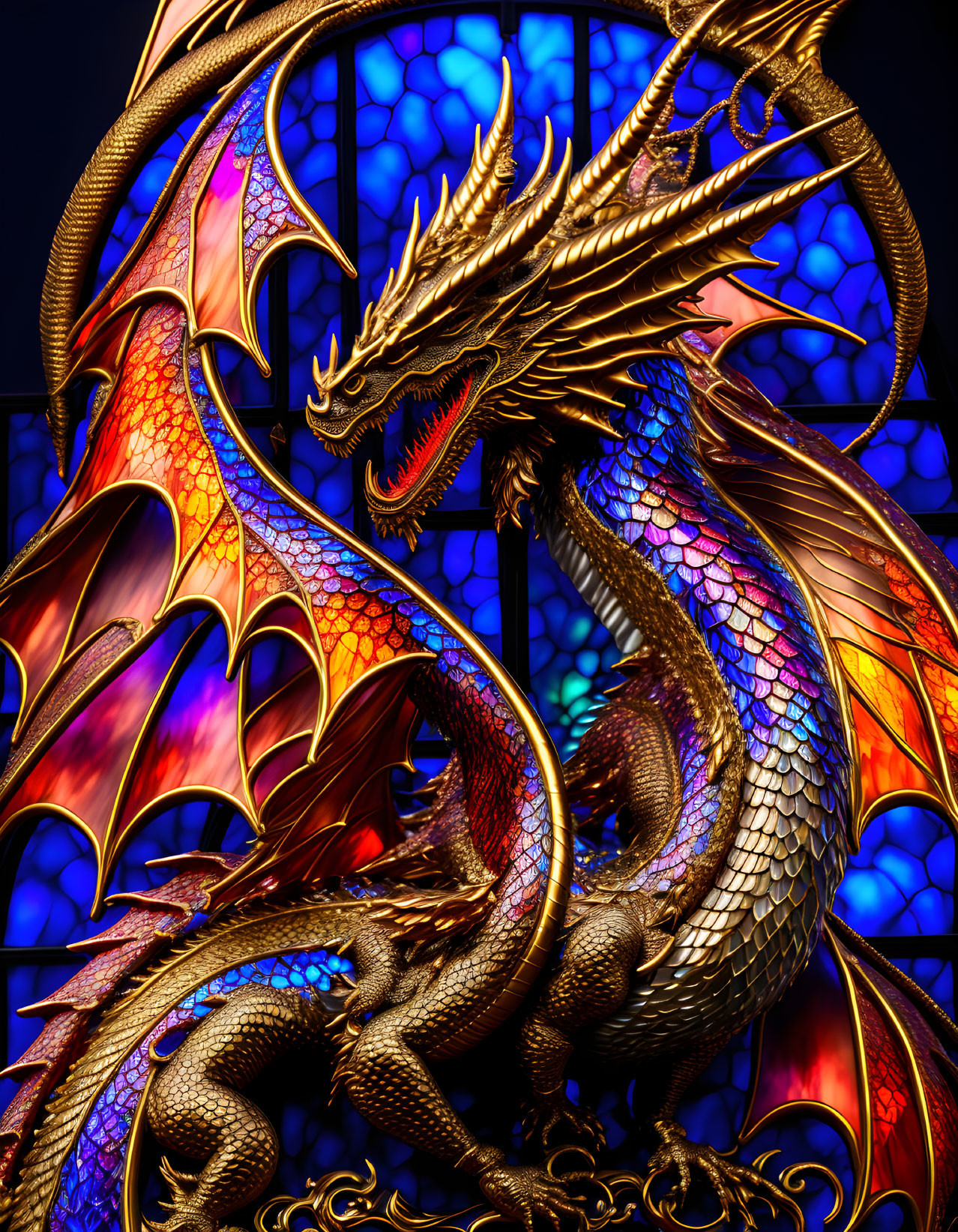 Golden dragon with spread wings on stained glass background in blue and purple hues