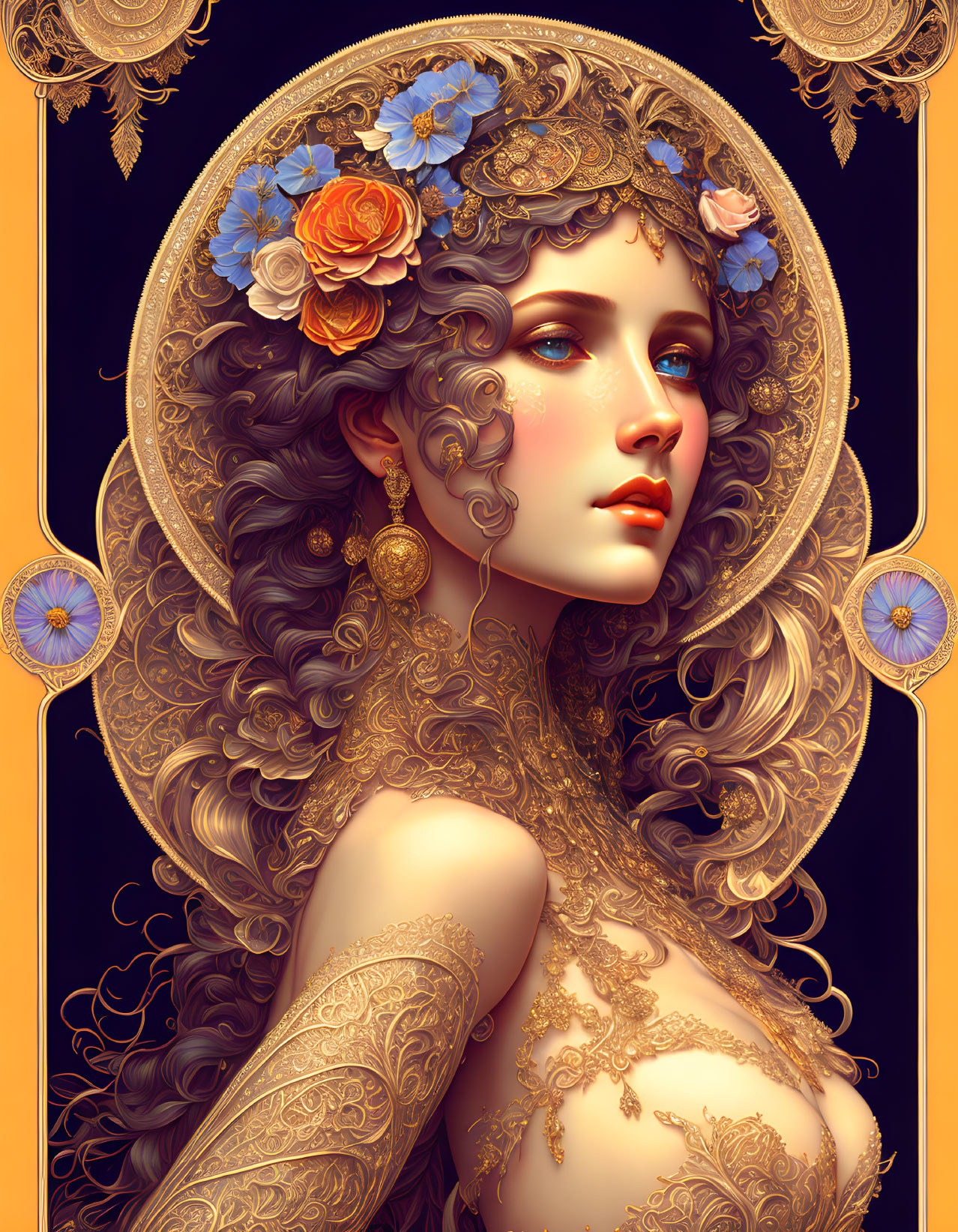 Detailed Golden Hair and Ornate Jewelry on Woman Illustration