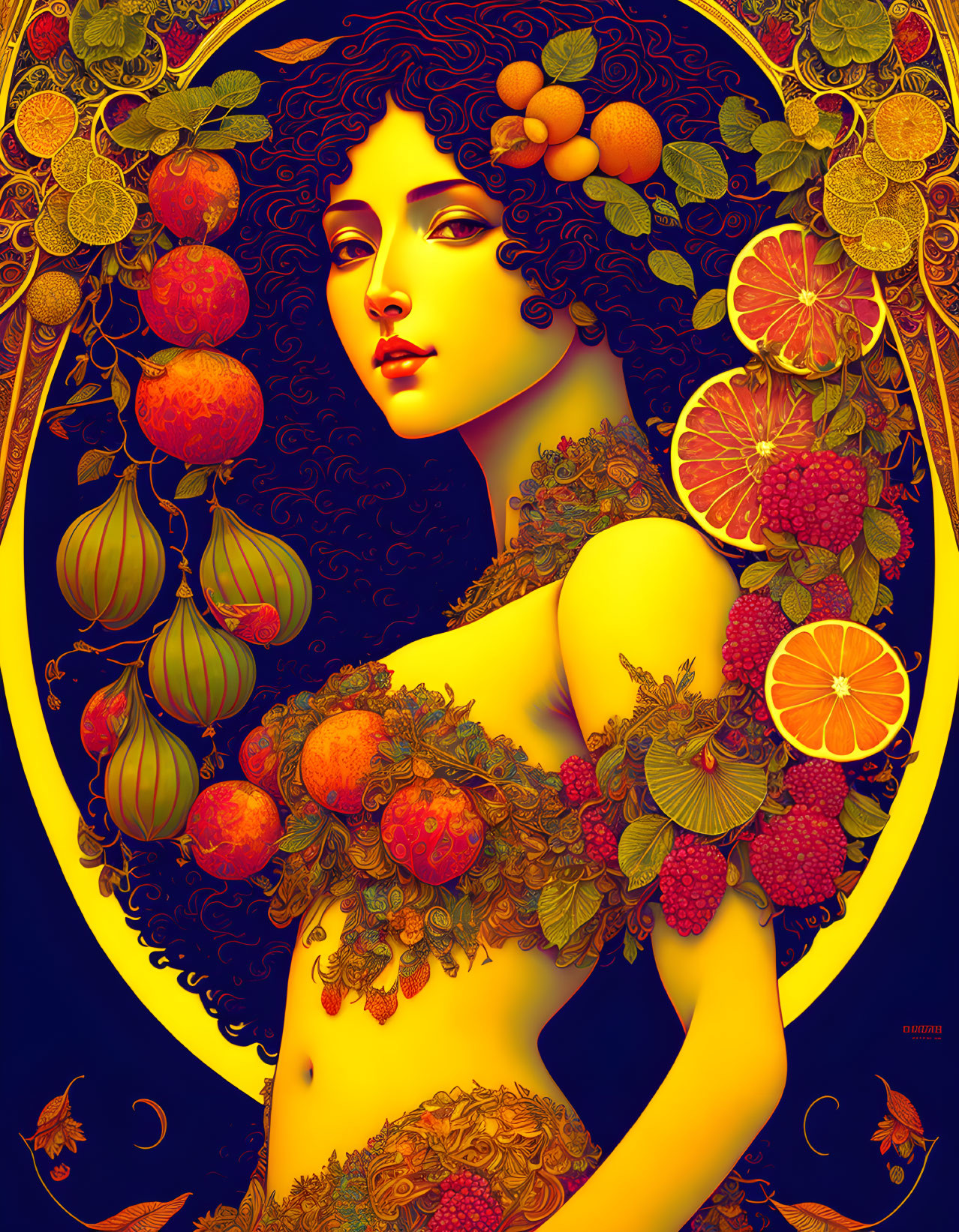 Illustration of woman with fruit motifs in warm colors