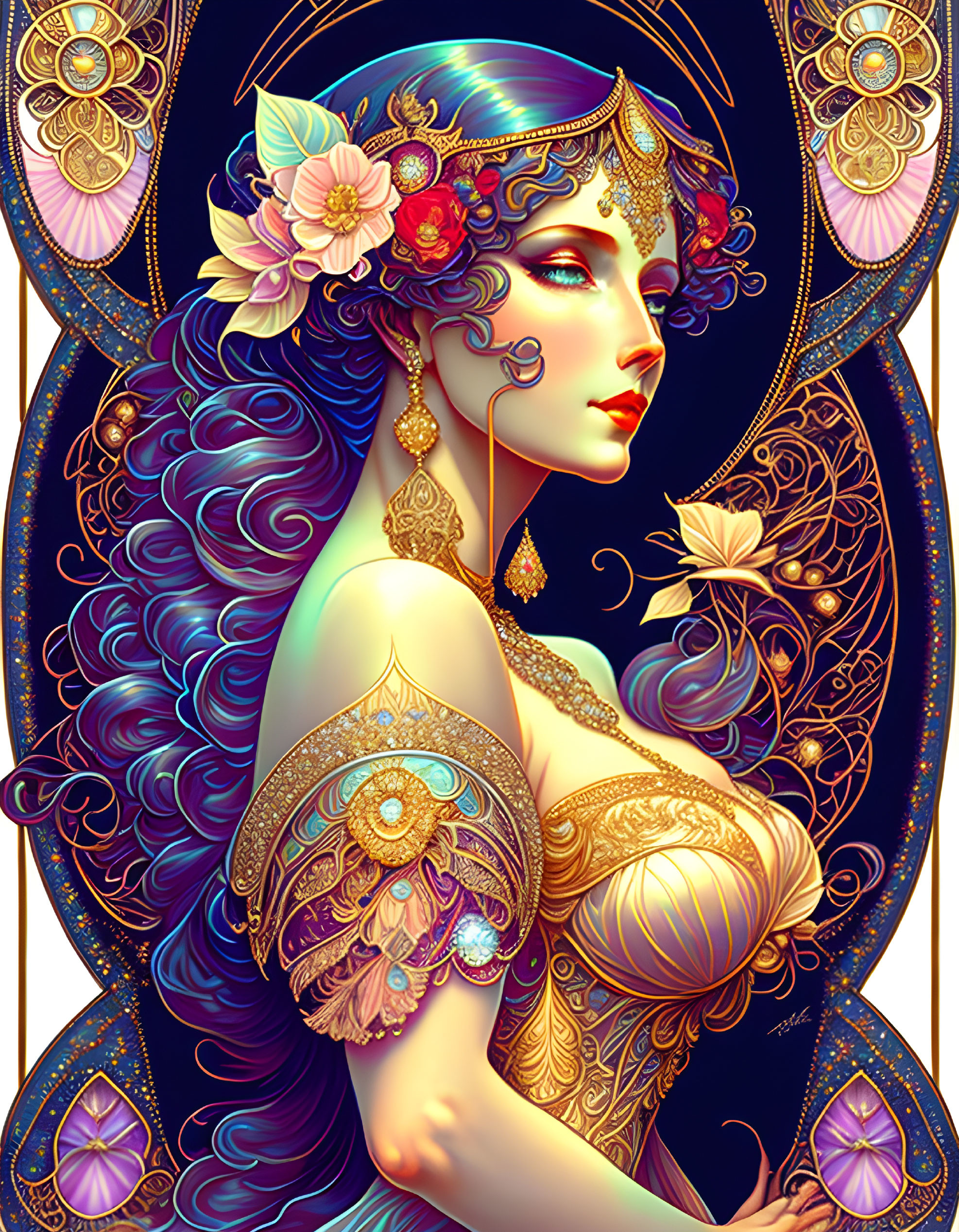 Illustrated Woman with Blue Hair and Golden Headdress in Ornate Floral Frame