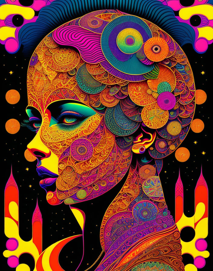 Colorful psychedelic portrait of female profile with intricate hair and skin against dark, flame-like backdrop