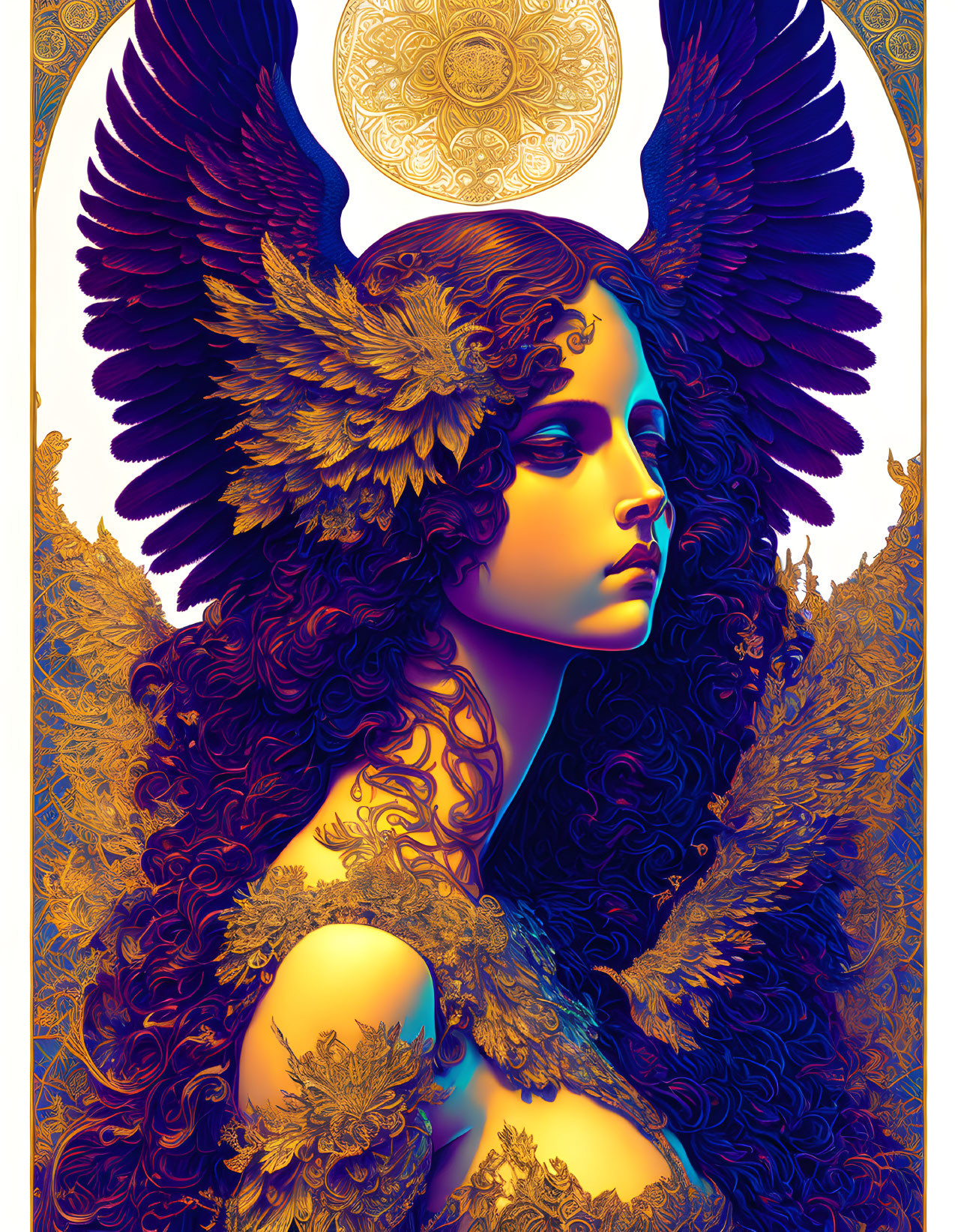 Stylized illustration of a woman with dark hair and wings surrounded by golden patterns