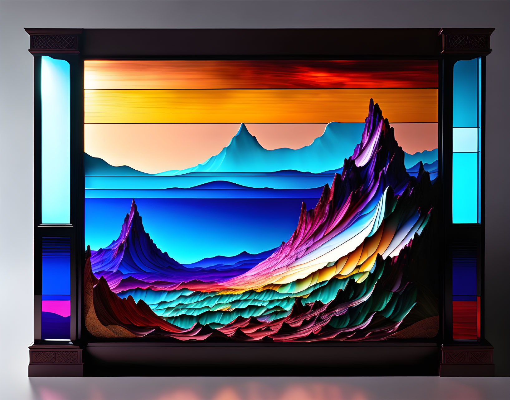 Colorful digital artwork: Stylized mountains with gradient hues, framed by columns & window