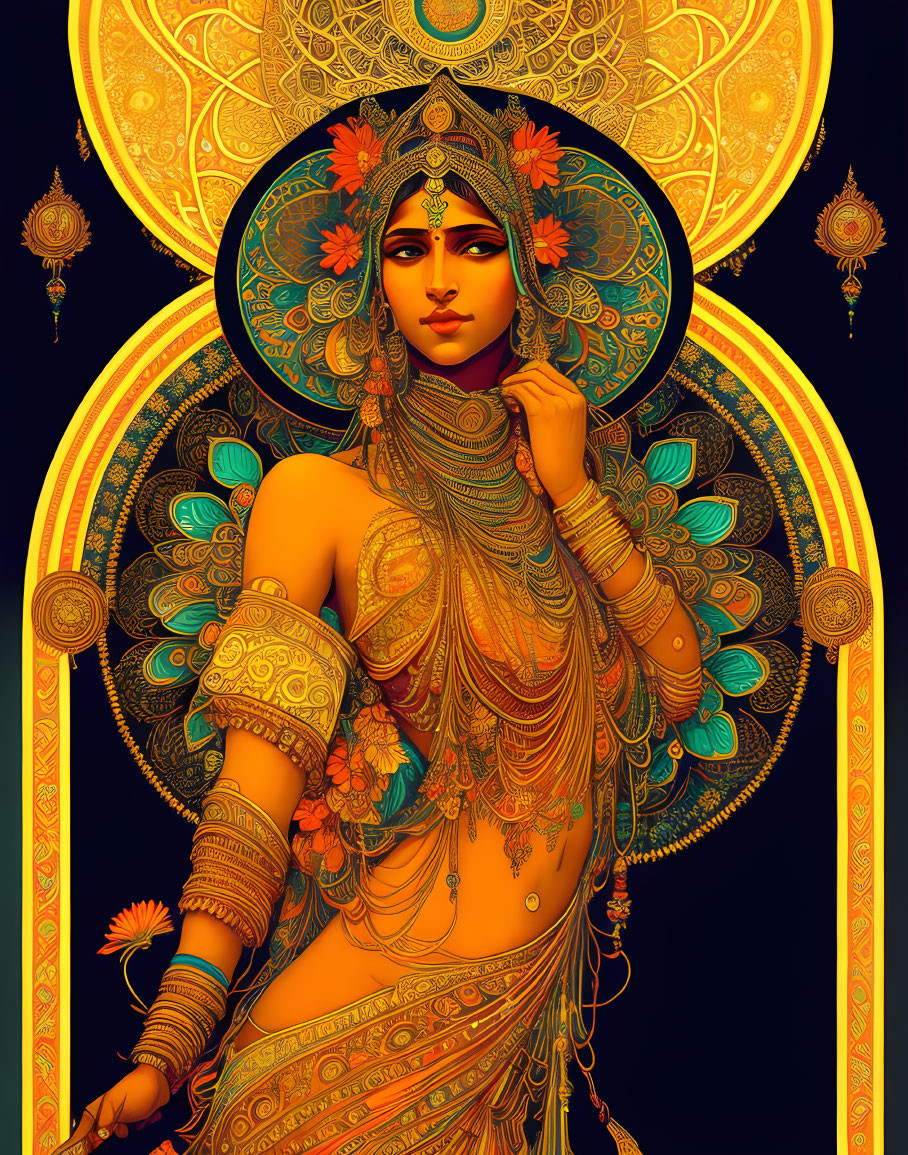 Intricately illustrated female figure in traditional attire against mandala backdrop.