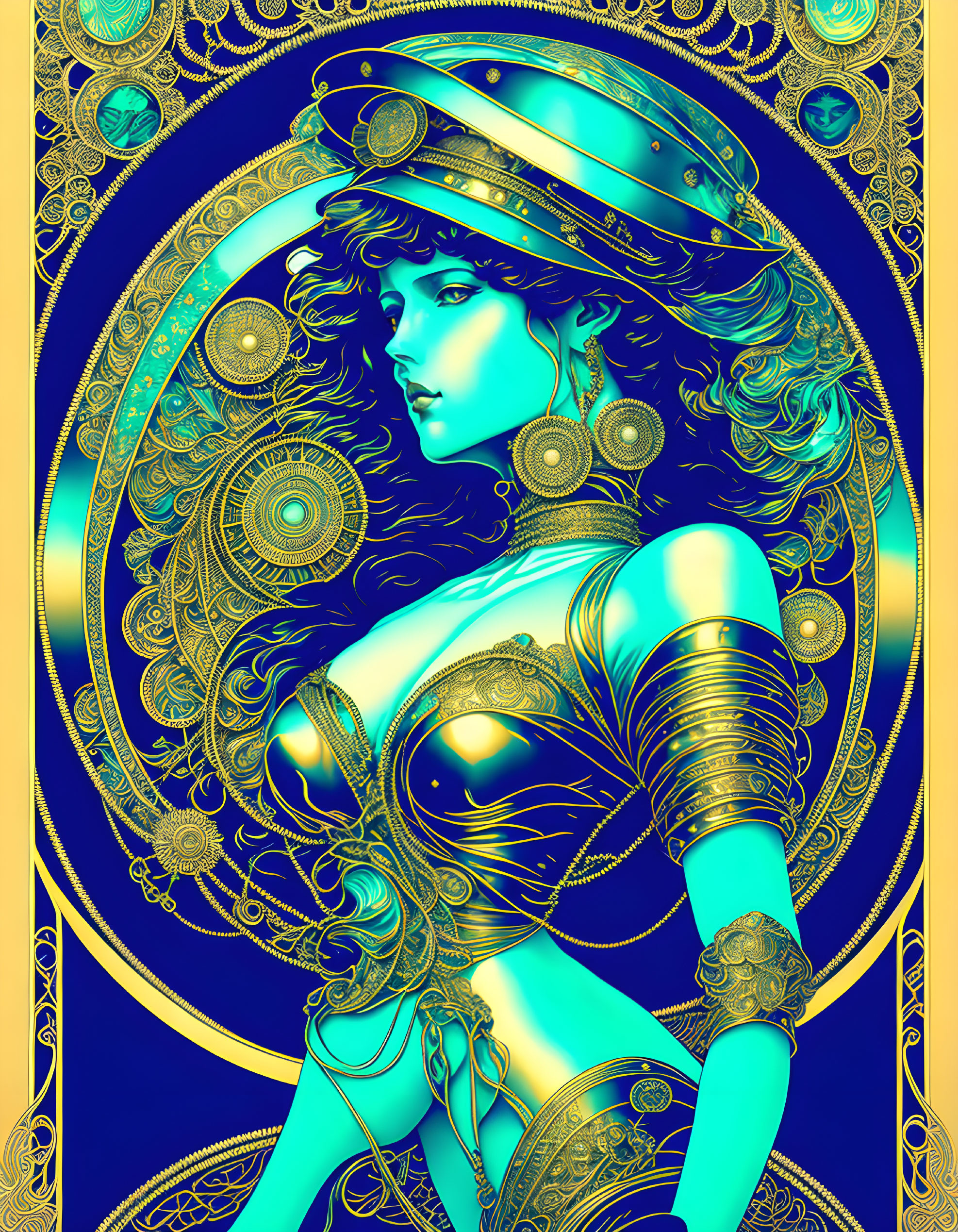 Illustration of woman in blue and gold armor on dark blue background