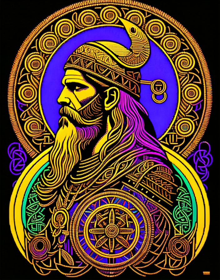 Colorful Norse-themed illustration with bearded figure and compass on dark background