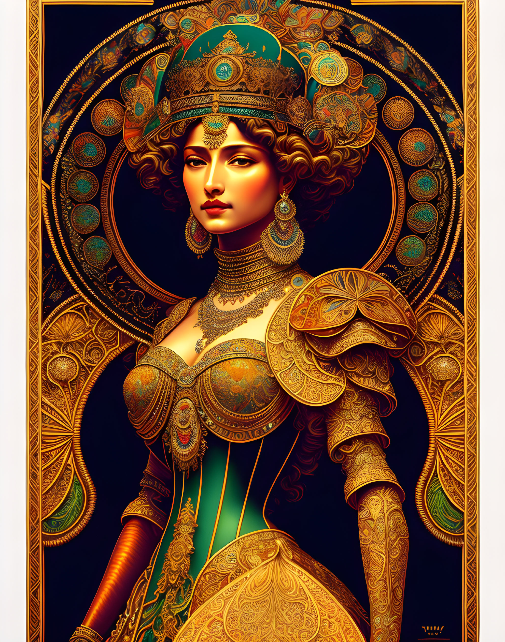 Detailed ornate illustration of woman in golden and teal outfit with intricate jewelry and headgear on filig