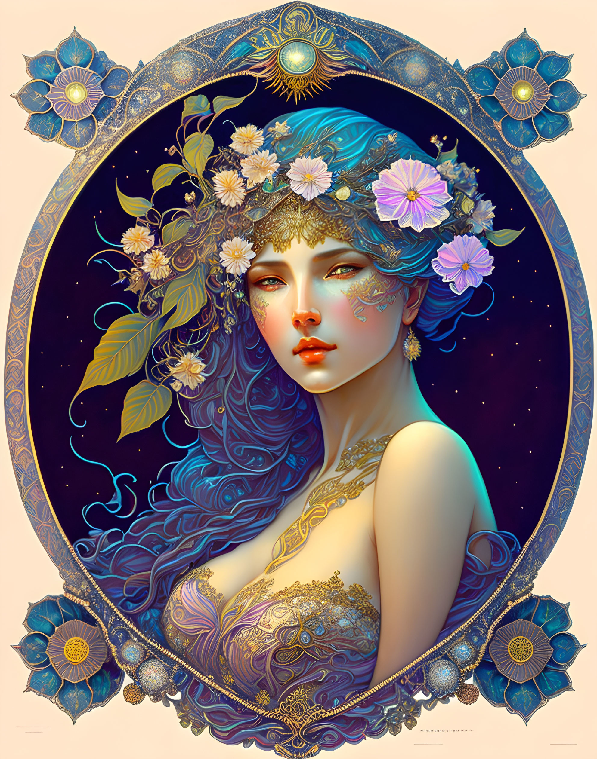 Ethereal artwork of woman with floral crown in ornate circular frame