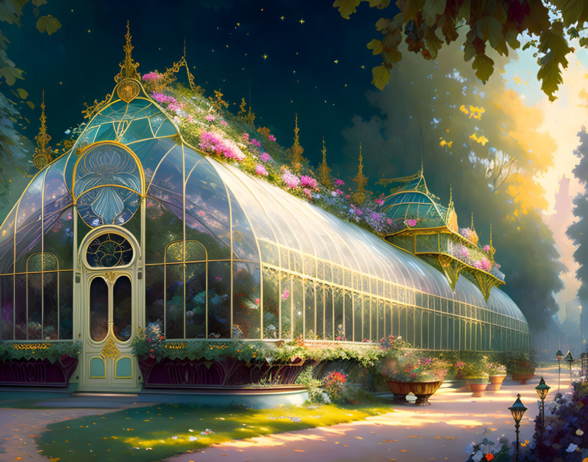 Ornate greenhouse with intricate metalwork and glass panels surrounded by lush gardens