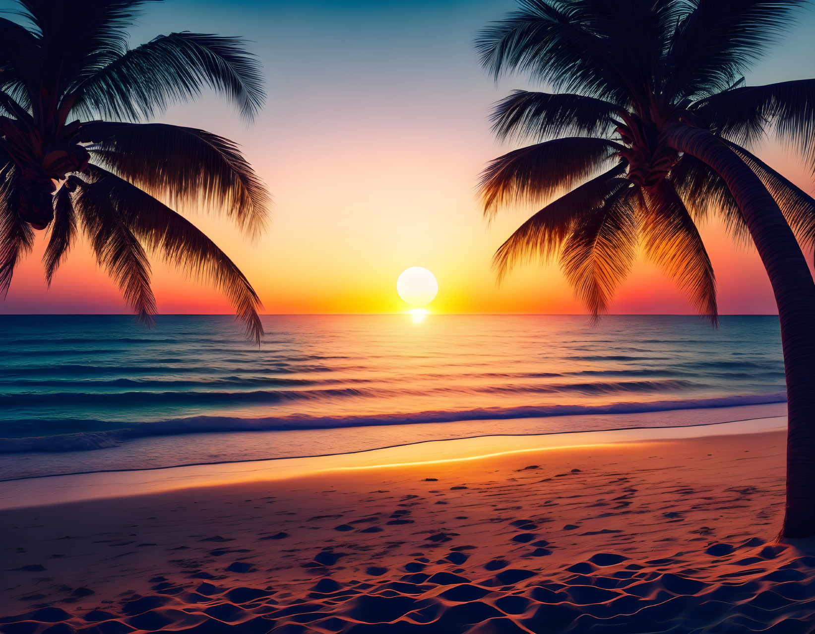 Vibrant beach sunset with silhouetted palm trees & gentle waves