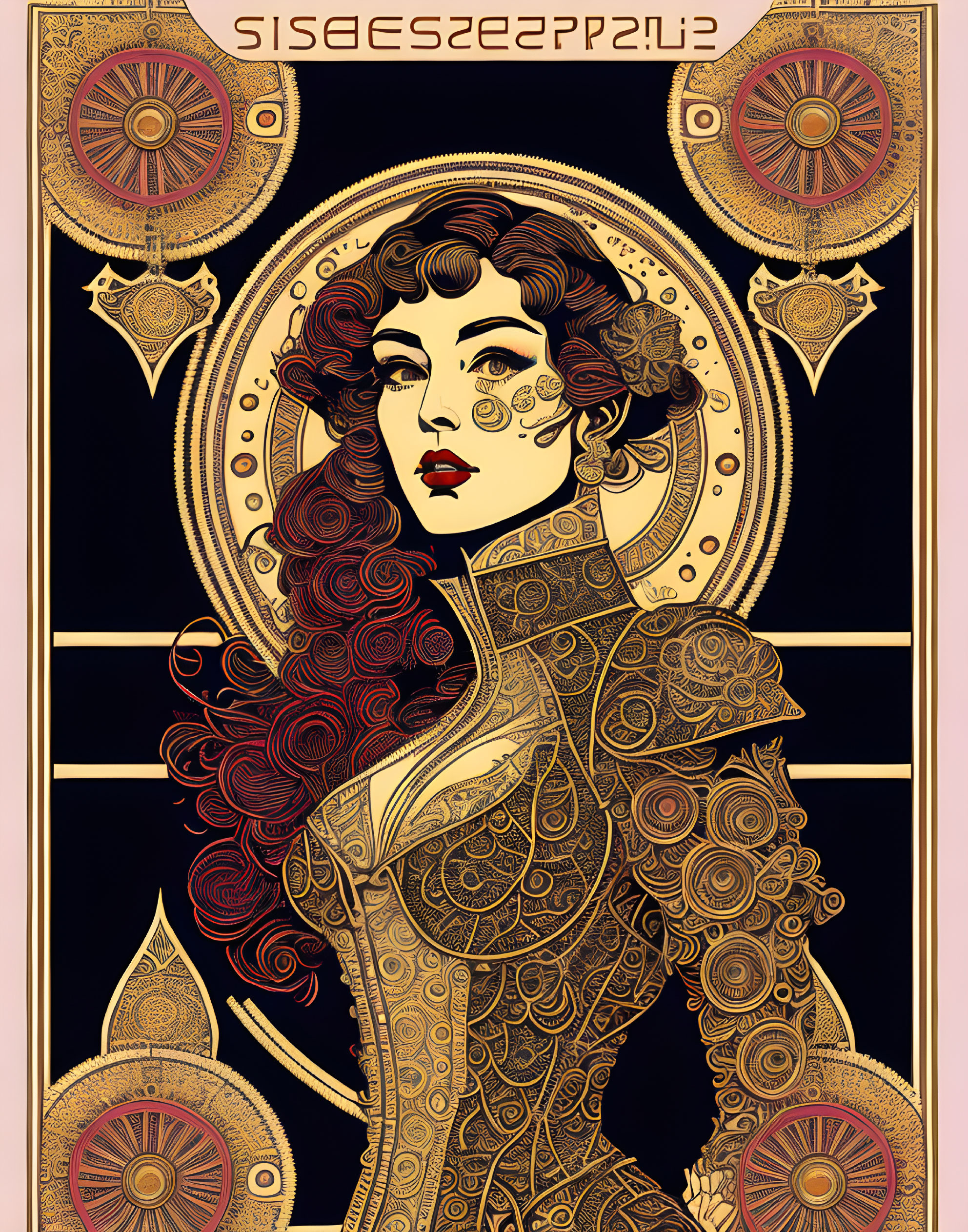 Art Nouveau-style Woman with Mechanical Gears and Golden Background