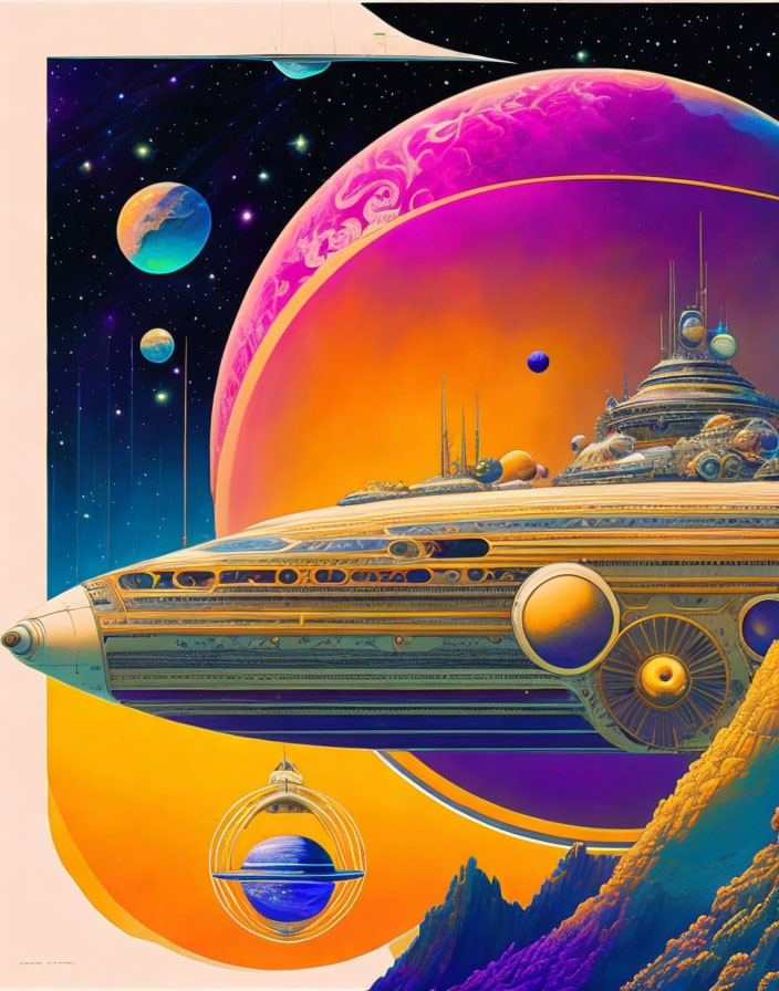 Colorful Sci-Fi Artwork: Streamlined Spaceship Over Alien Landscape