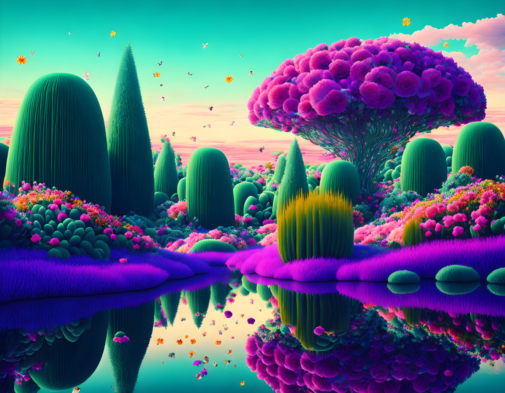 Colorful Psychedelic Landscape with Water, Vegetation, and Butterflies