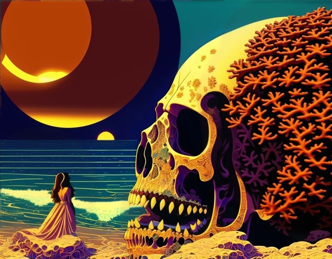 Surreal illustration: woman, giant skull, corals, large sun