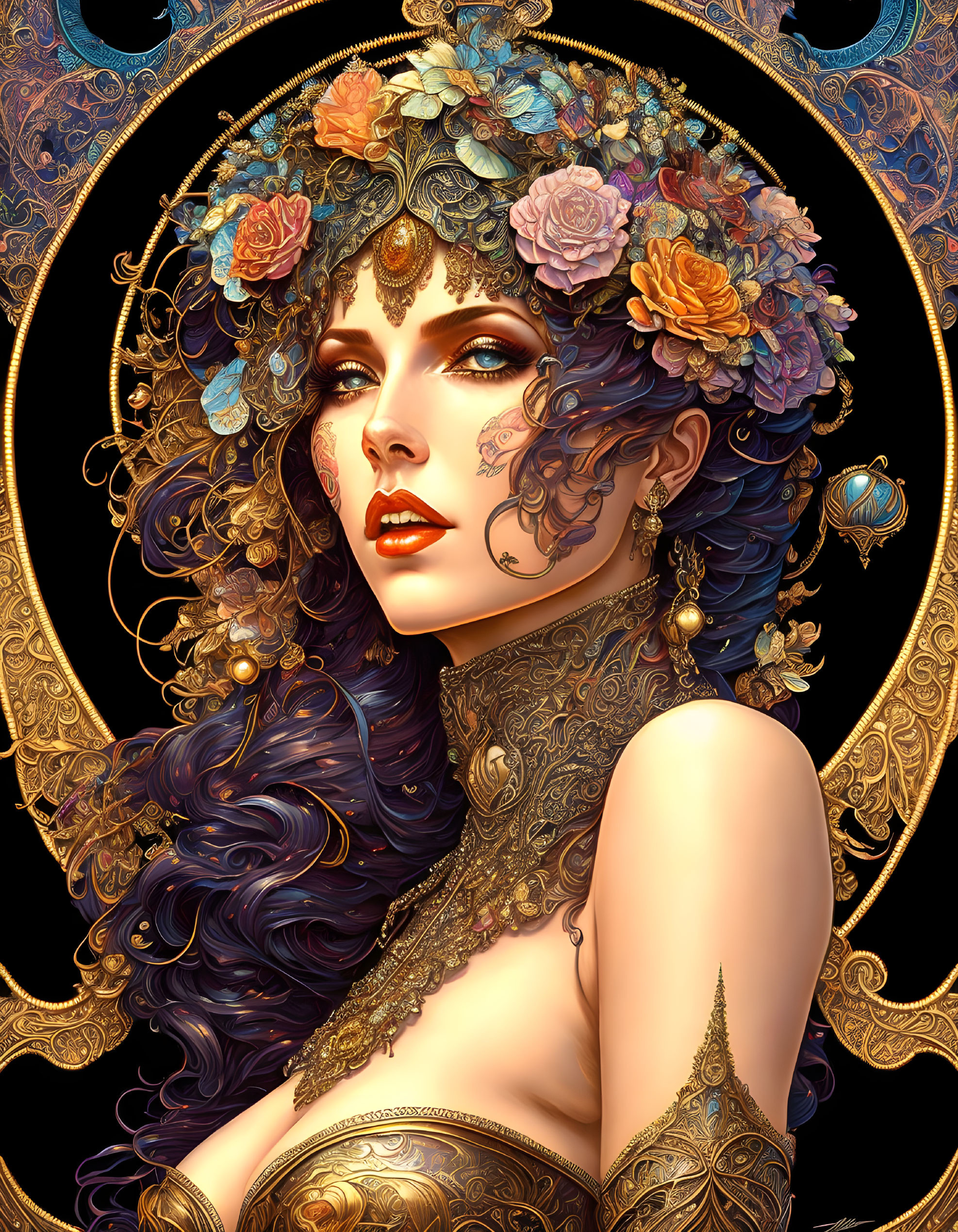 Digital artwork: Woman with flowing blue hair and floral headdress on black and gold background