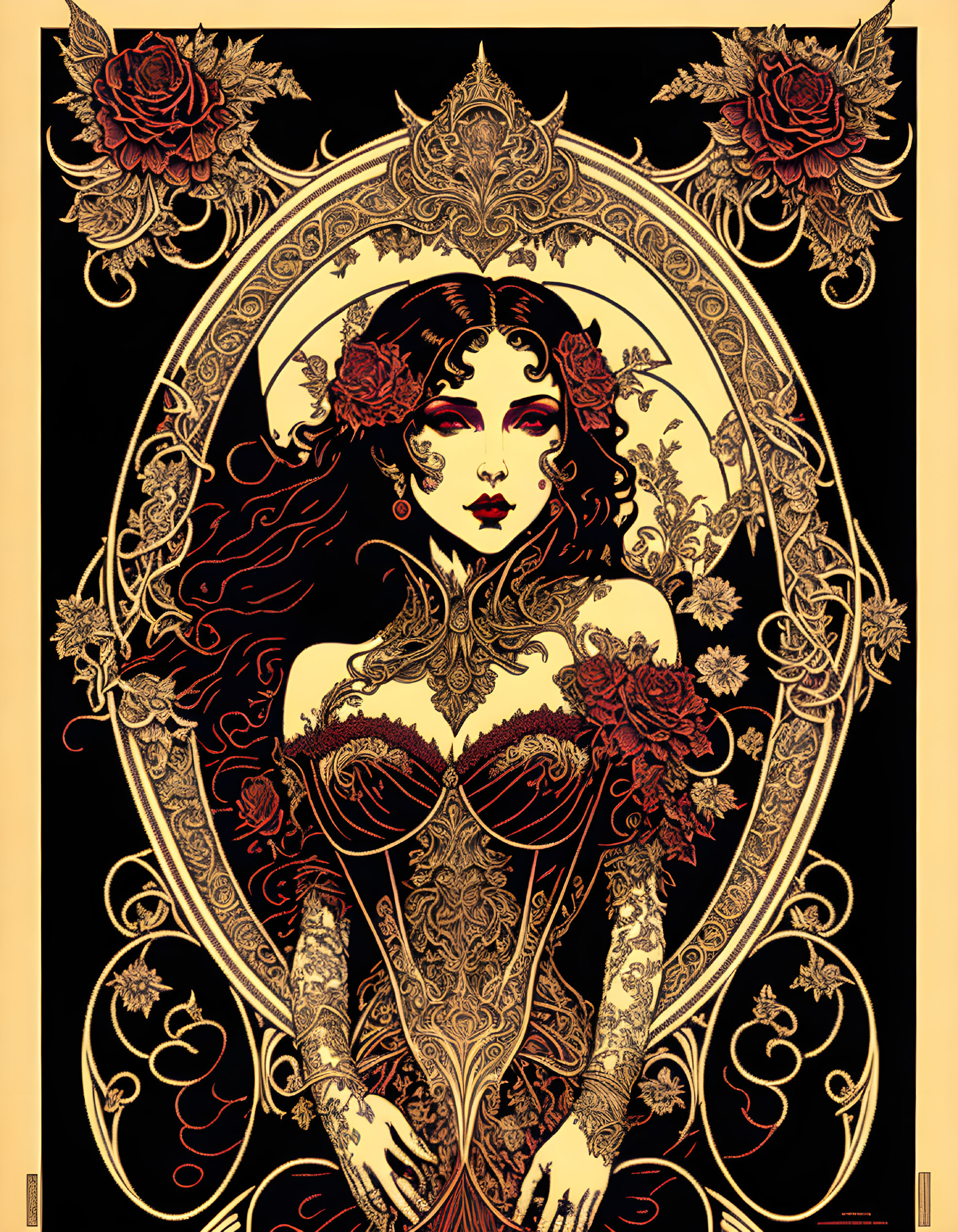 Art Nouveau Woman Illustration with Roses and Filigree Frame