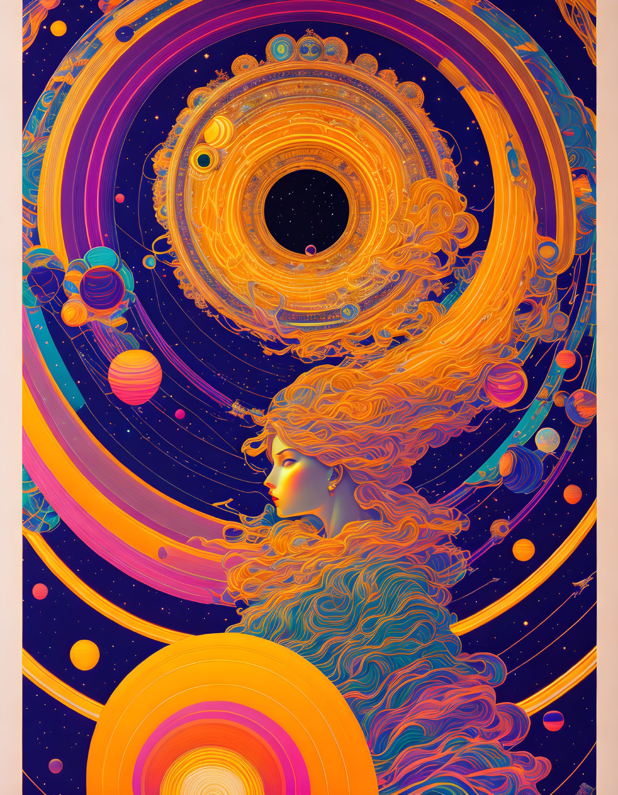 Vibrant cosmic profile with flowing hair and celestial bodies