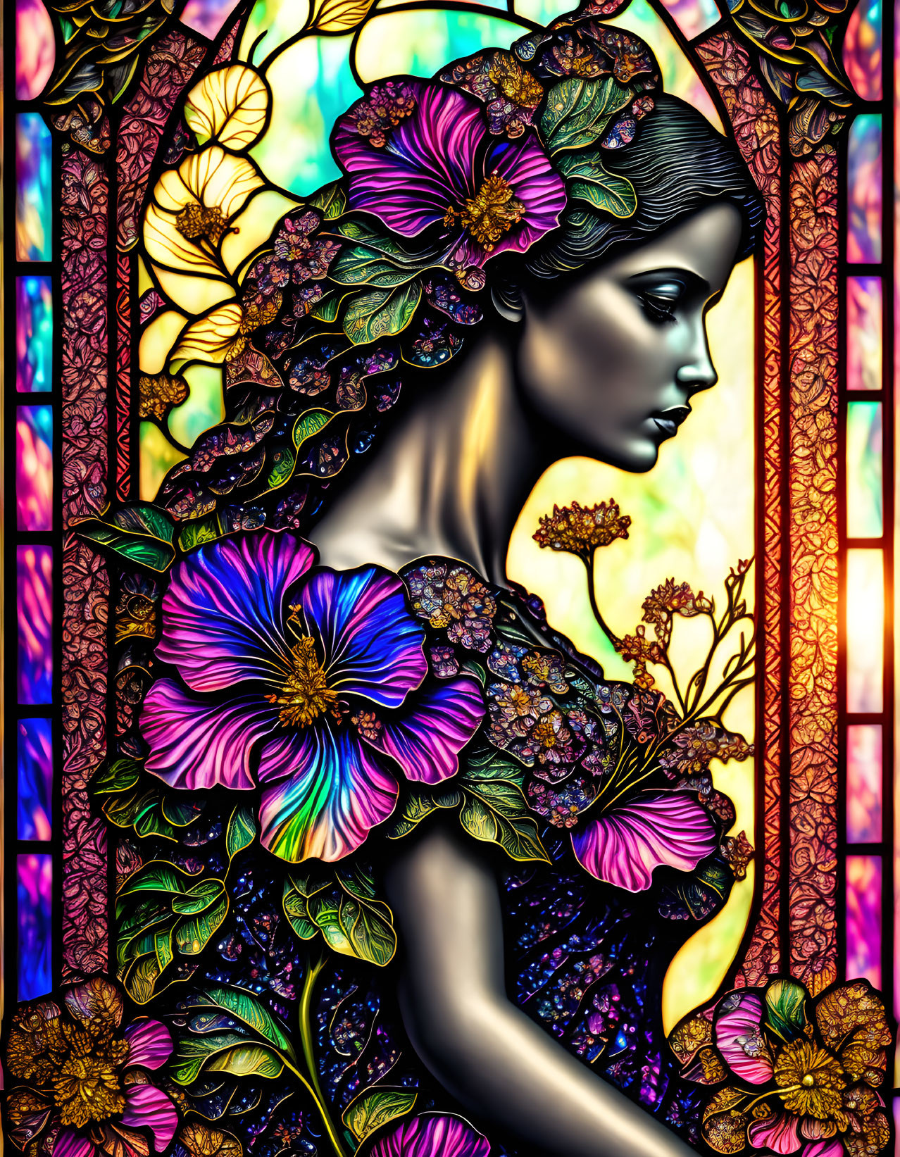 Colorful artwork of woman with floral patterns on stained glass backdrop