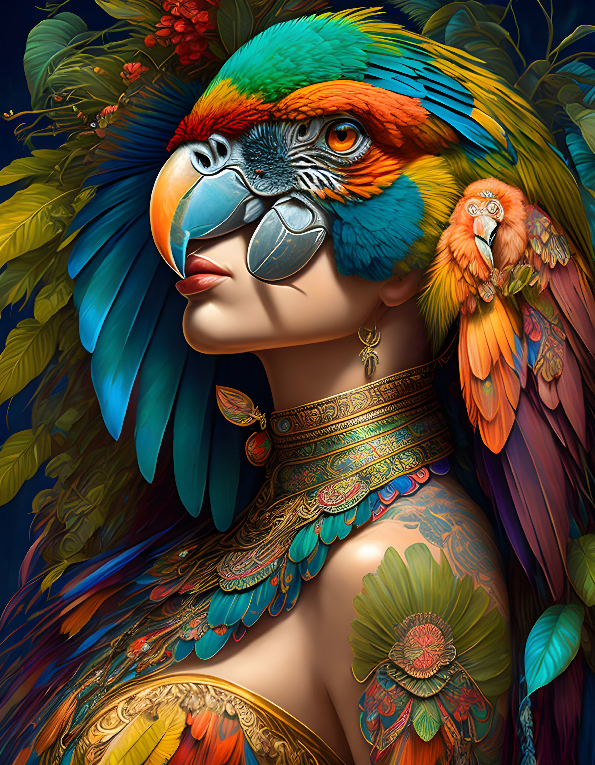 Colorful digital artwork: Human portrait with parrot features and intricate patterns