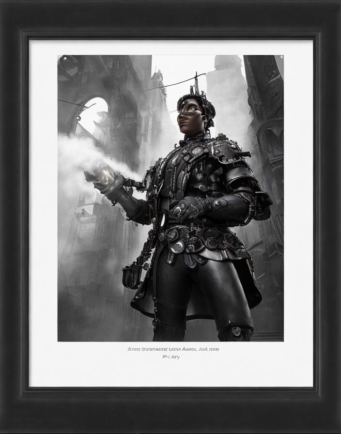 Framed black-and-white futuristic knight in ornate armor on dystopian cityscape.