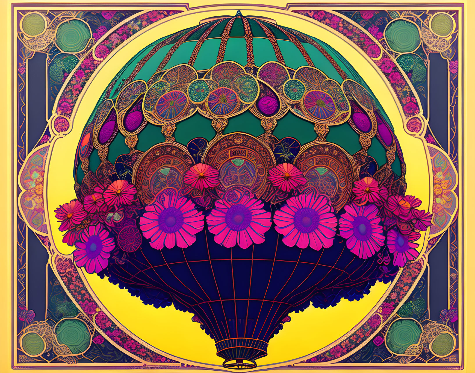 Colorful Hot Air Balloon Illustration with Floral and Mandala Designs