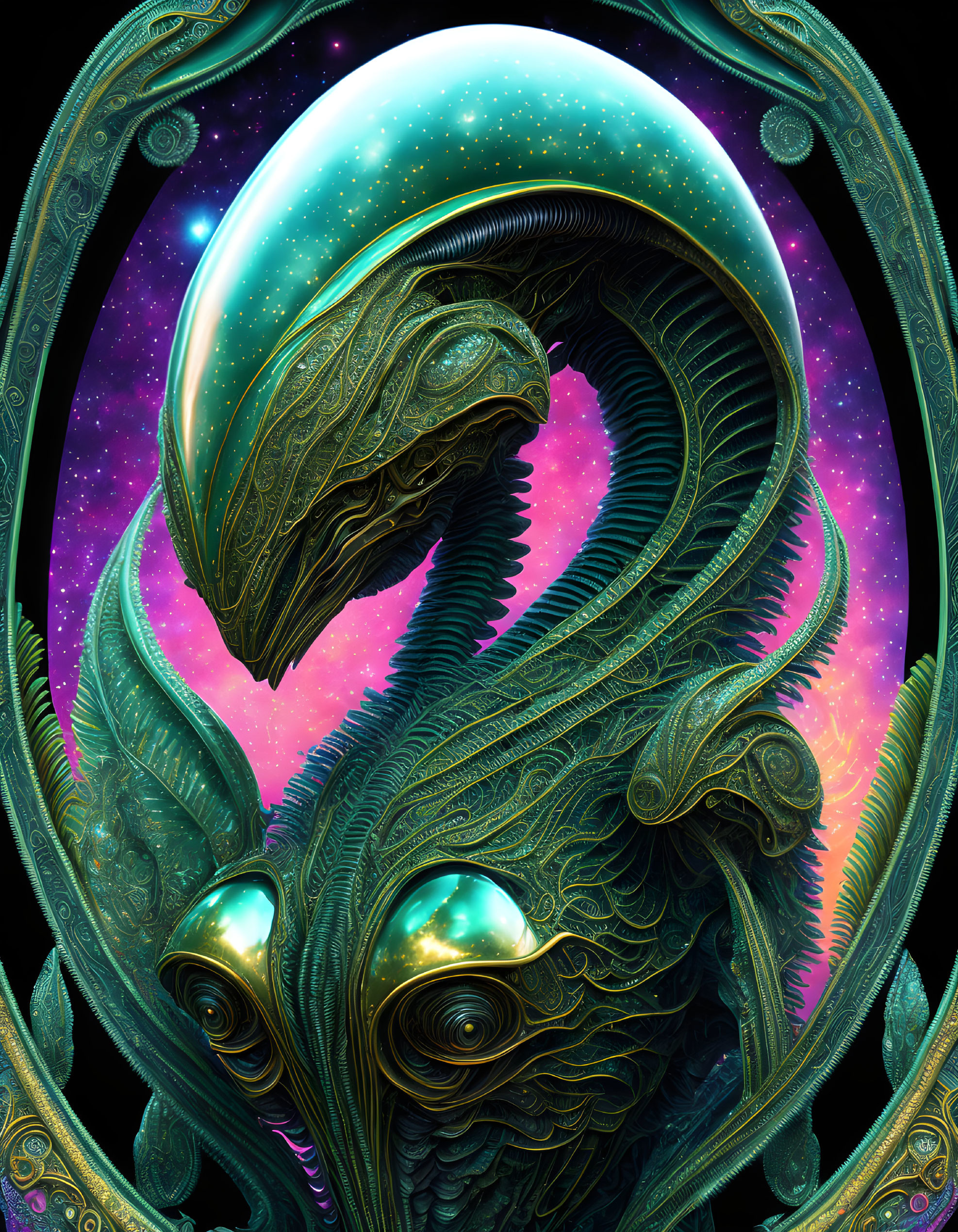 Colorful digital artwork: Alien figure with cosmic elements in starry space