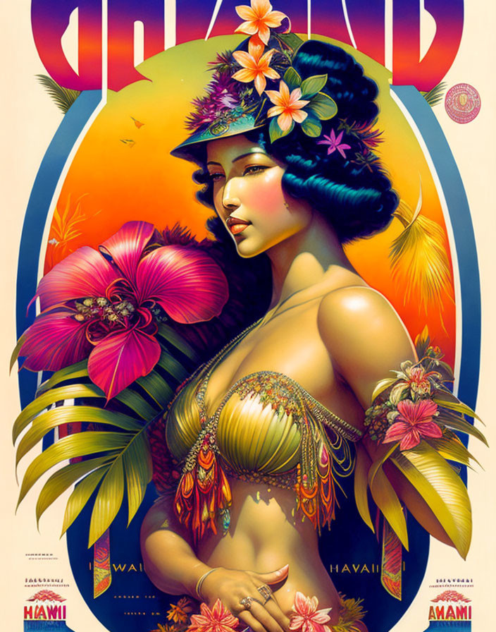 Colorful Tropical Woman in Hawaii-Themed Poster