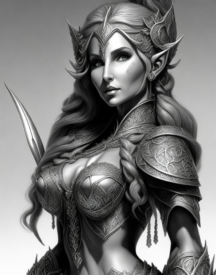 Grayscale image of an elven warrior with ornate armor and dagger