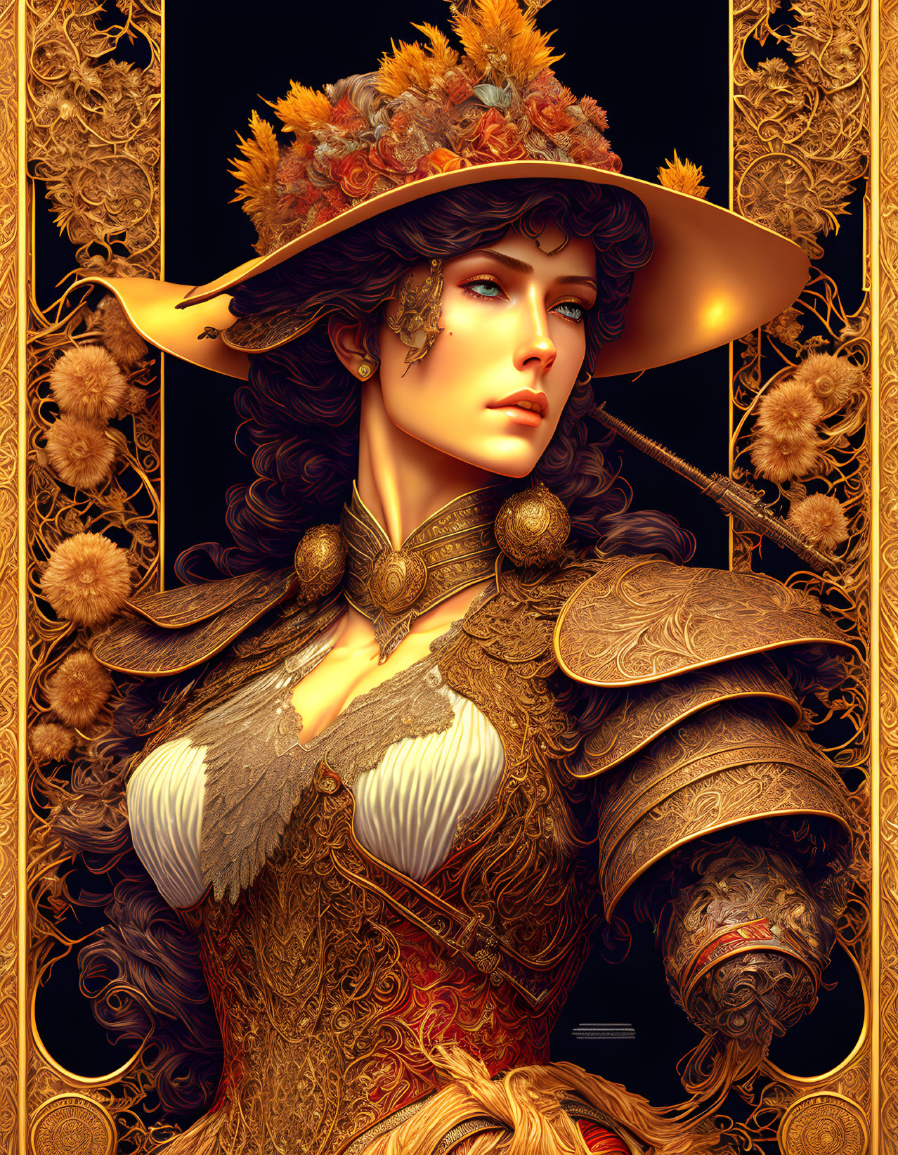 Intricate portrait of a woman in golden armor and floral hat