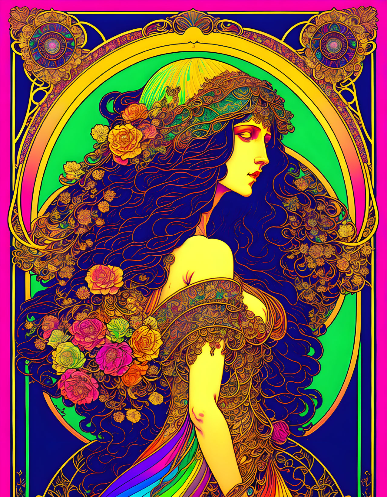 Colorful Art Nouveau-style illustration of a woman with roses in her hair against a peacock motif