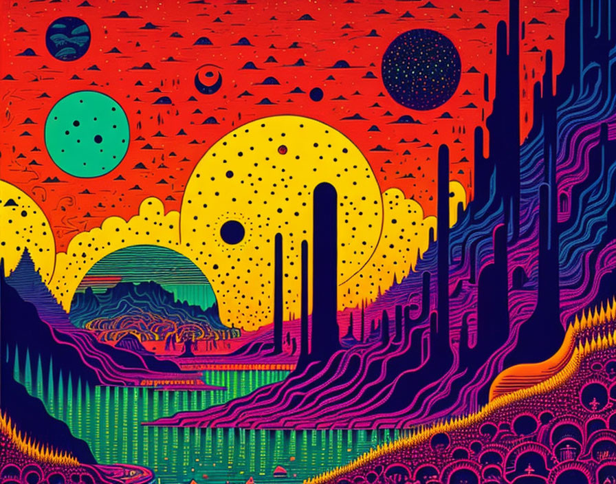 Colorful psychedelic landscape with intricate patterns, hills, celestial bodies, and towering structures