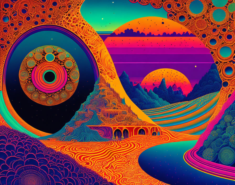 Colorful Psychedelic Landscape with Spiraling Sky and Eye Motif