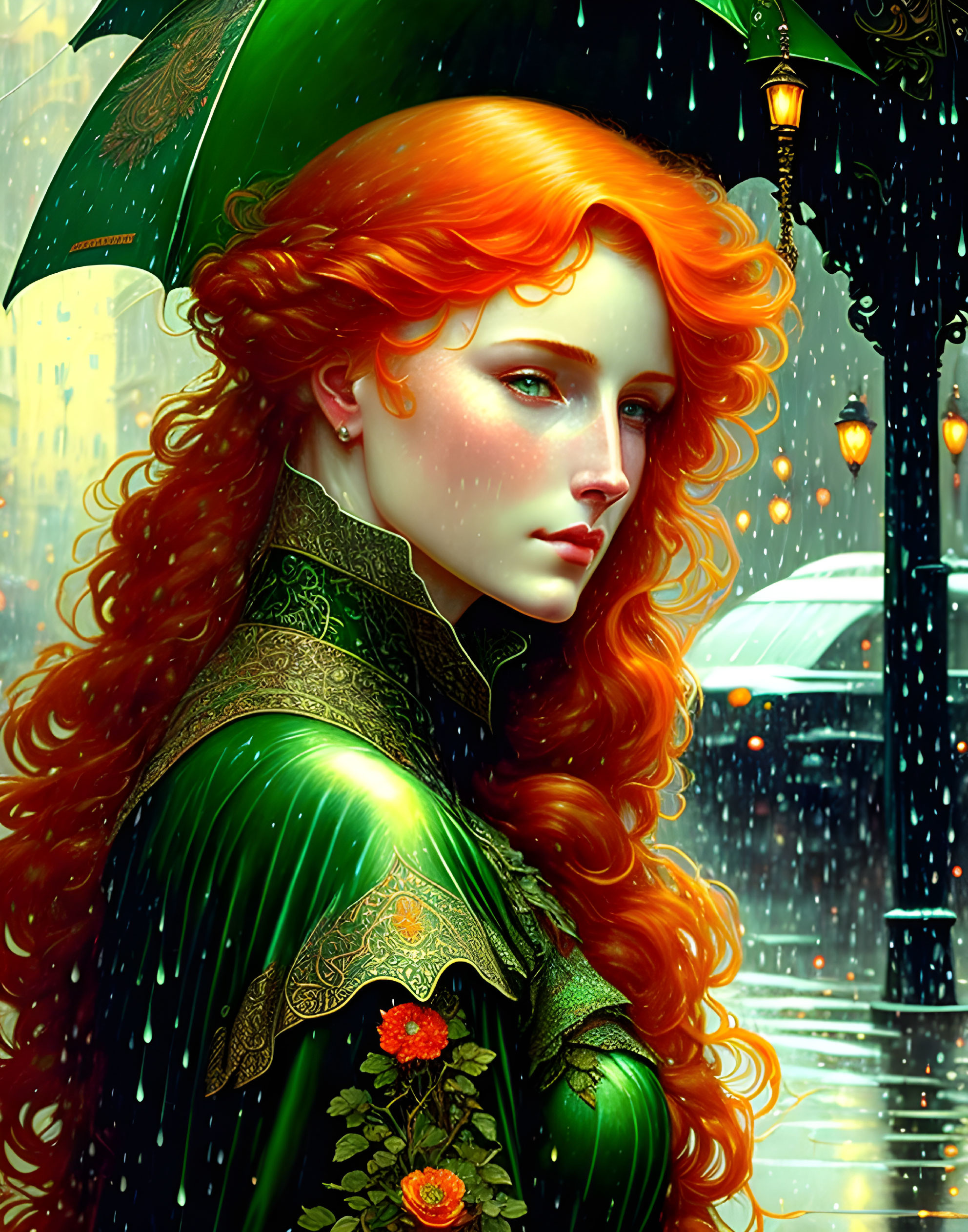 Red-haired woman with green umbrella in detailed cloak in rainy cityscape