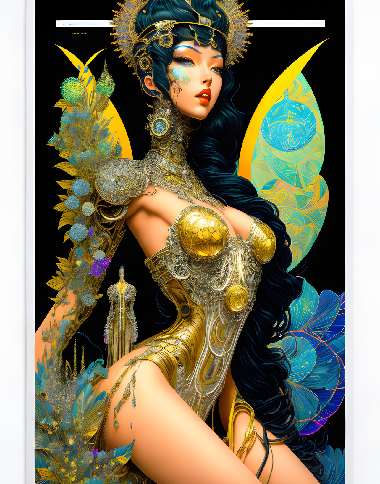 Illustration: Woman in golden armor with blue peacock feathers