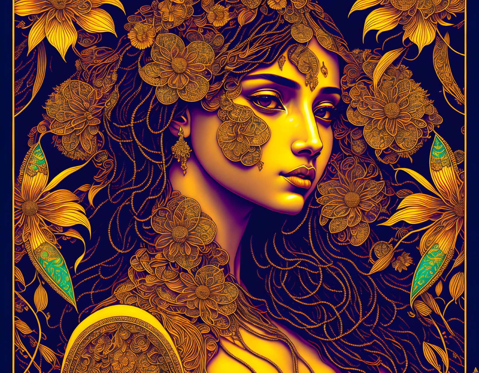 Detailed illustration: Woman with gold floral patterns on dark blue background