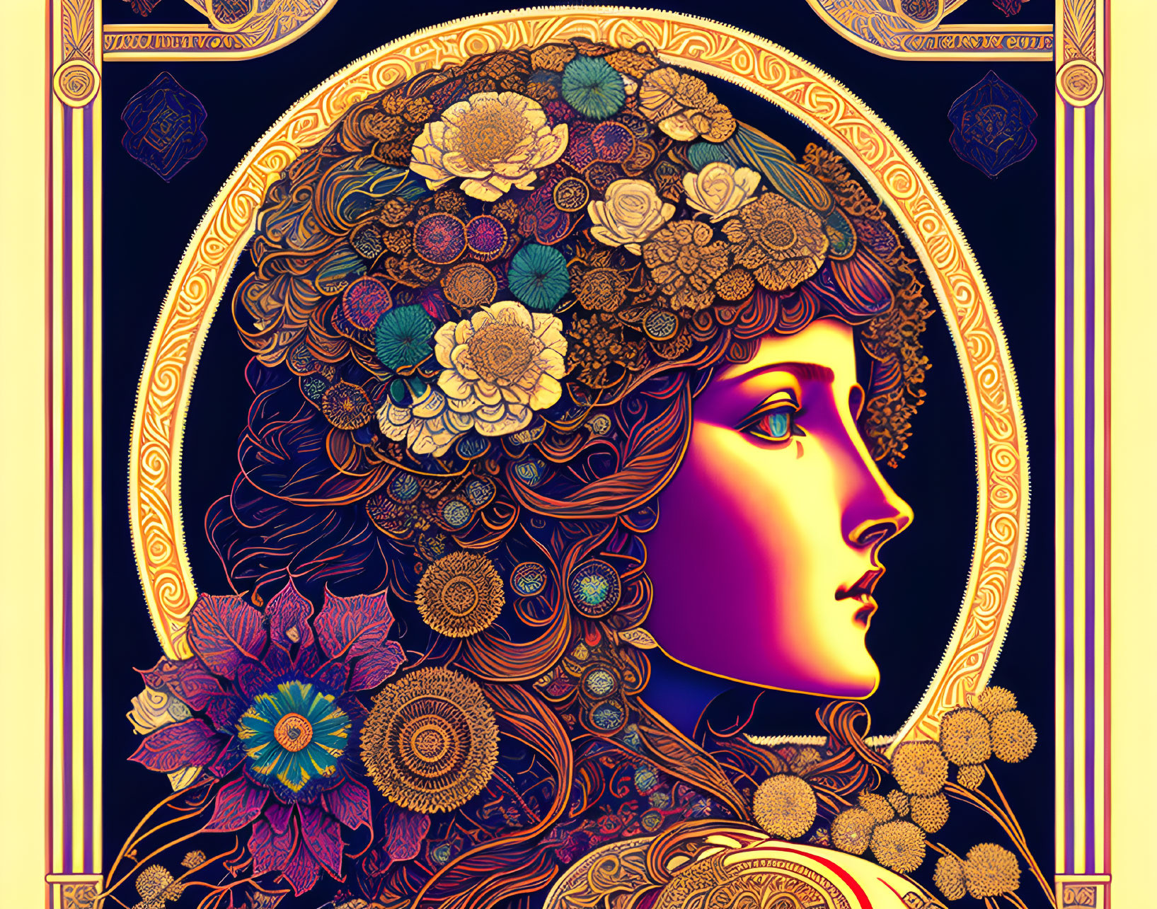 Detailed Art Nouveau Woman Profile with Floral Headdress