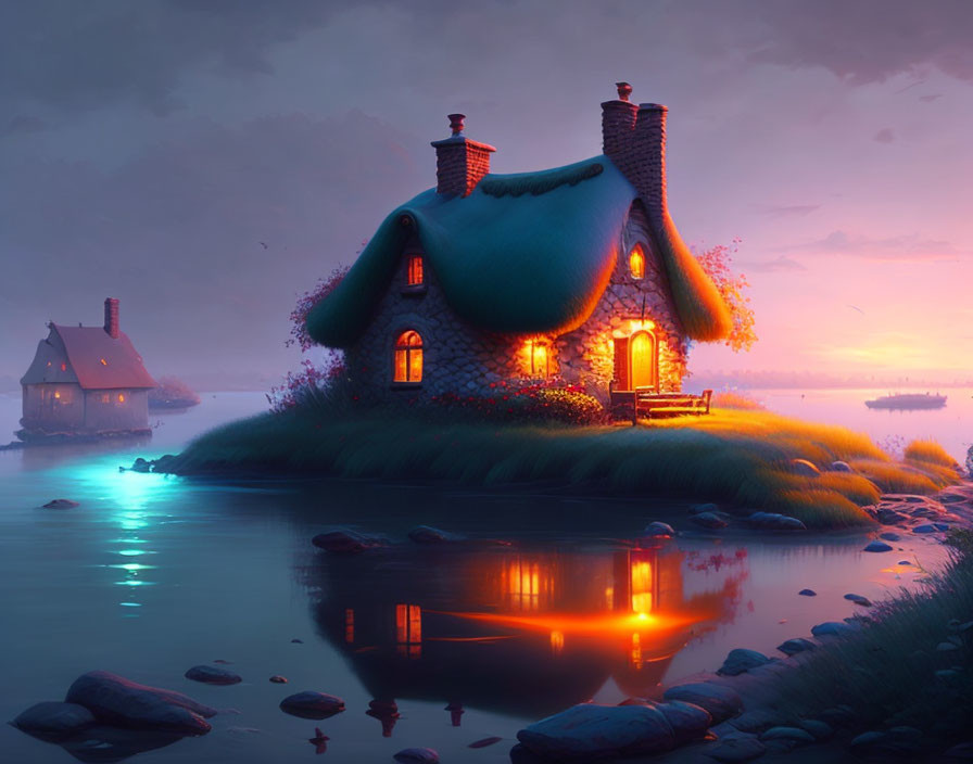 Tranquil lakeshore cottage at dusk with glowing windows